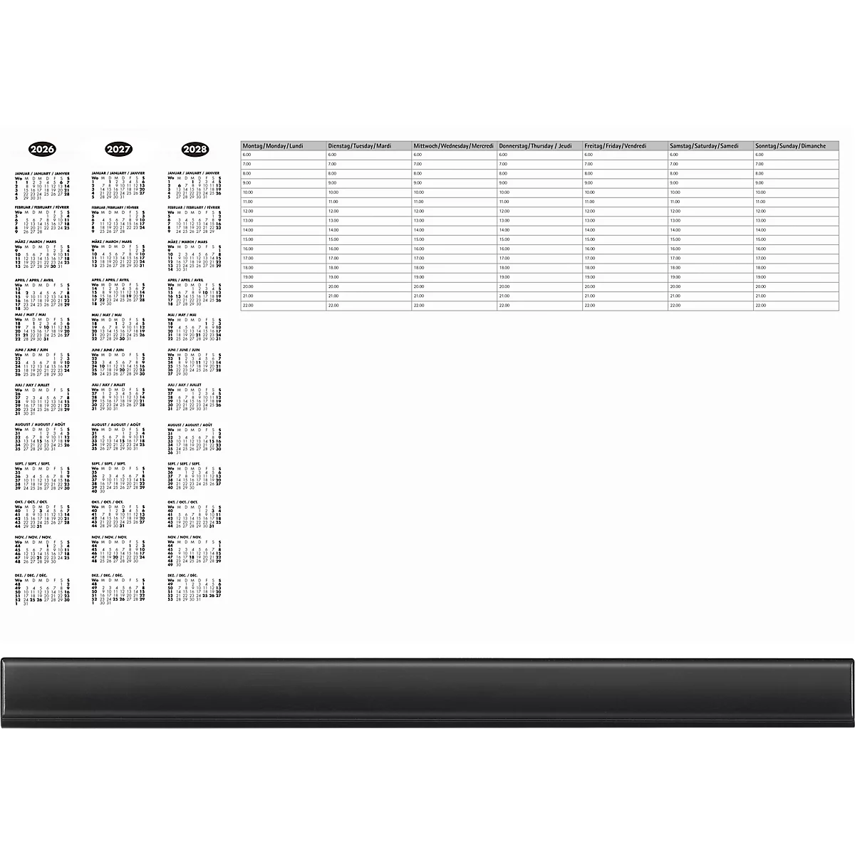 Monochrome table with planning columns. Top three oval buttons, left several calendar days. Bottom black bar.