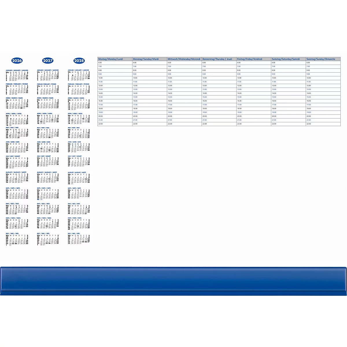 Tables with data, calendars and blue bar.