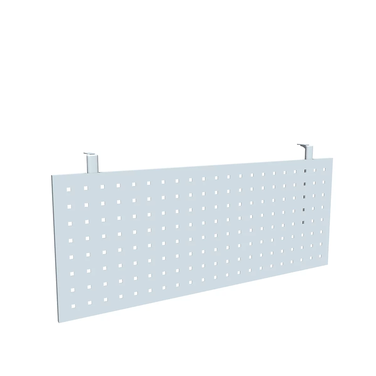 Gray perforated sheet metal with round holes and brackets at the corners.