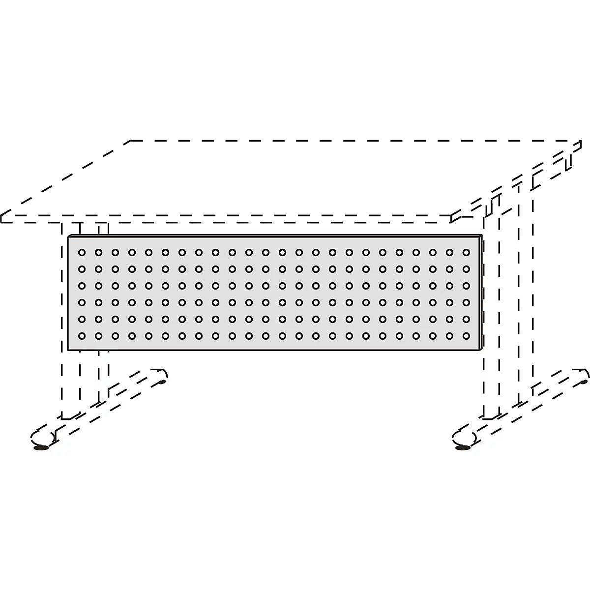 Grey breadboard with many holes, depicted on a table with dashed lines.