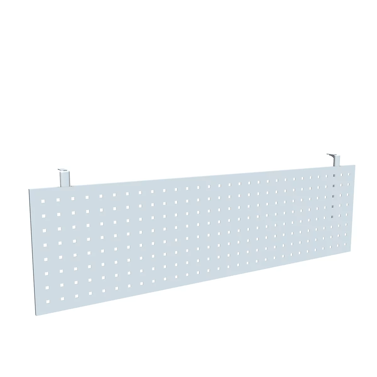 Grey perforated sheet with hooks, many round holes. The background is white.