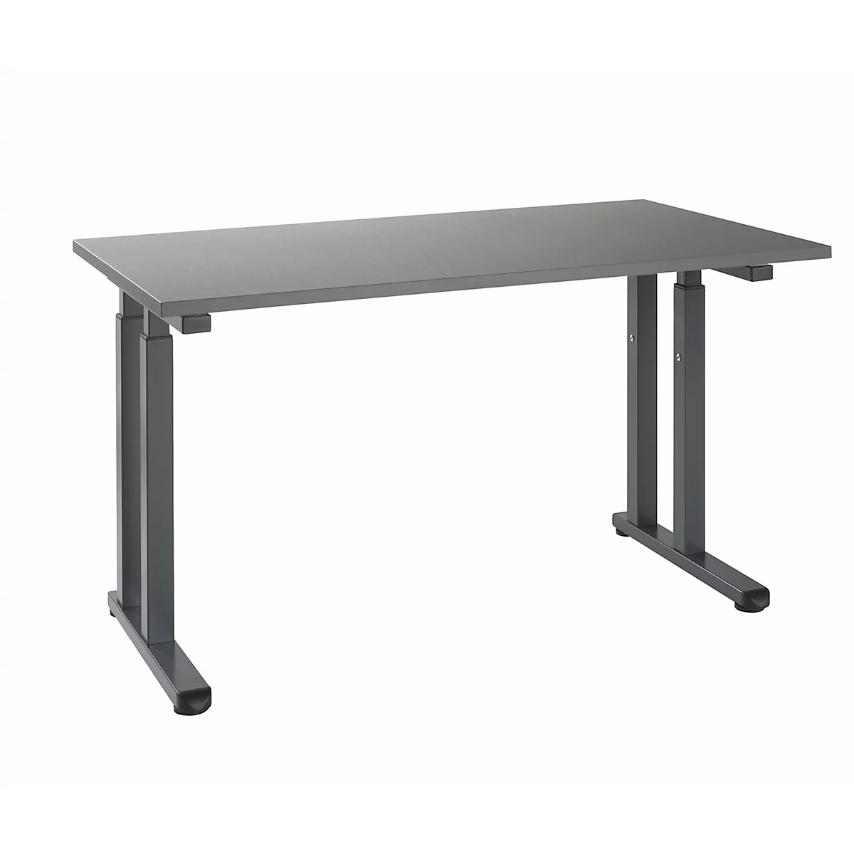 Grey height-adjustable desk on white background. Rectangular tabletop with grey frame.