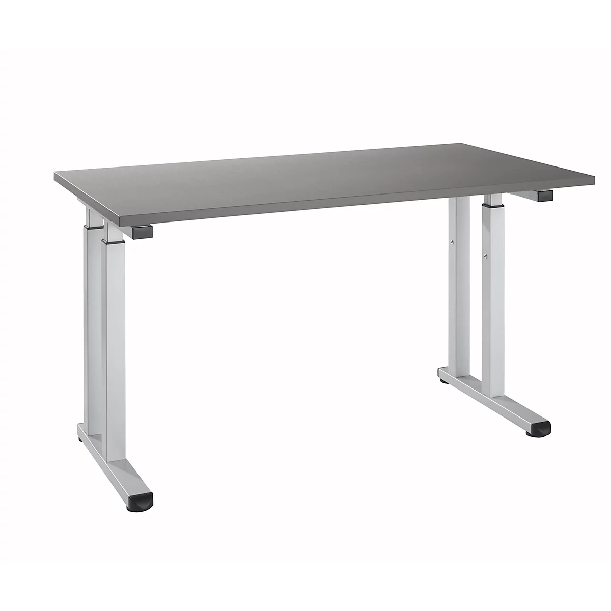 Grey height-adjustable desk with silver legs against a white background.