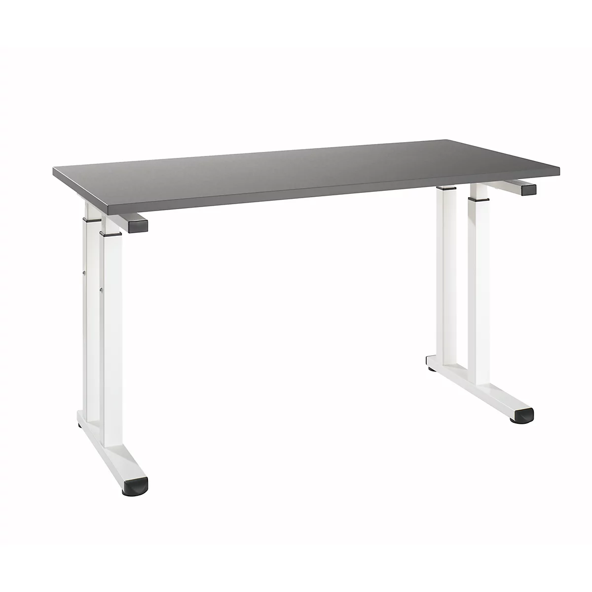 Gray standing desk with white legs. Table top rectangular, light gray. The table legs are white, height adjustable. Background white.