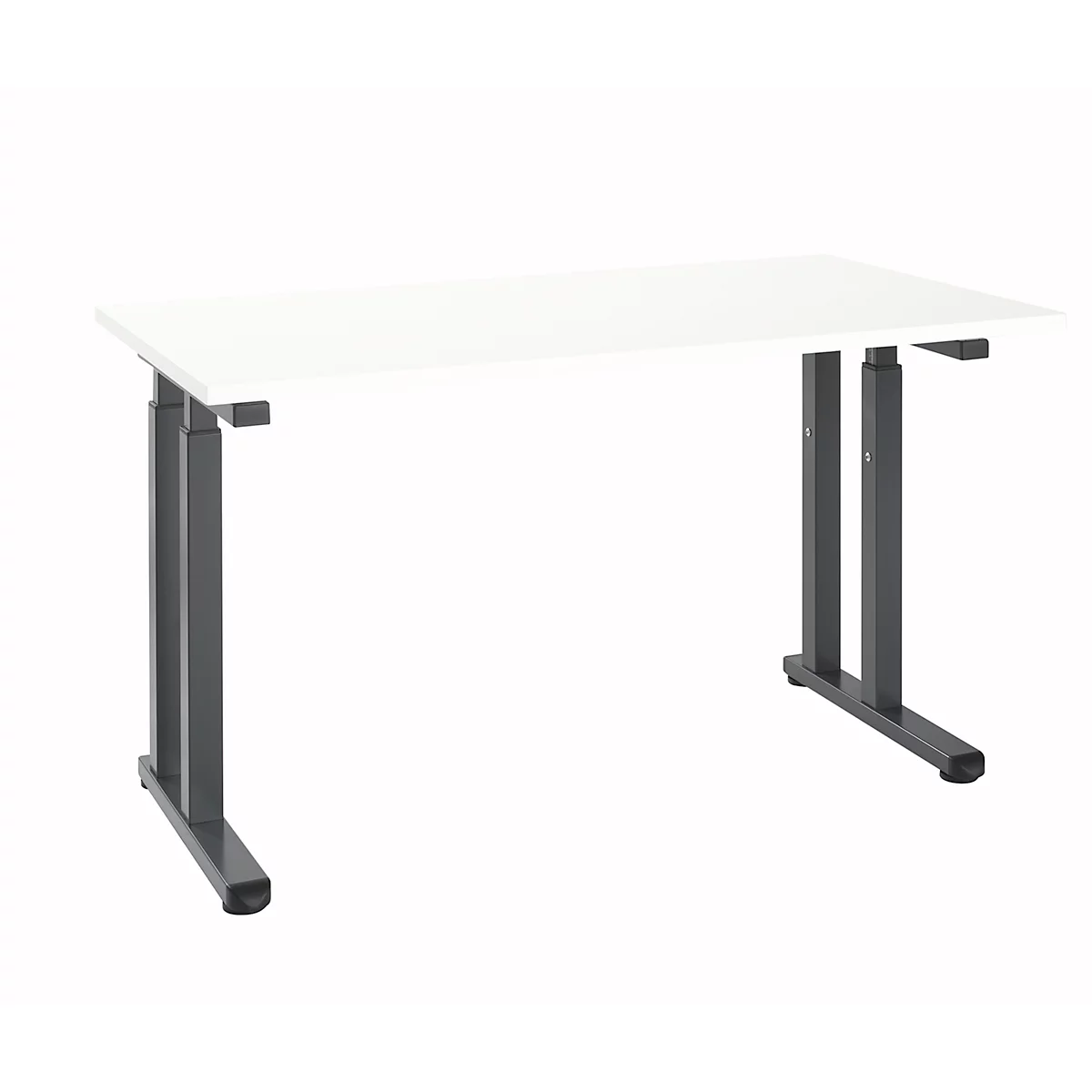 Height-adjustable desk, white table top, grey legs.
