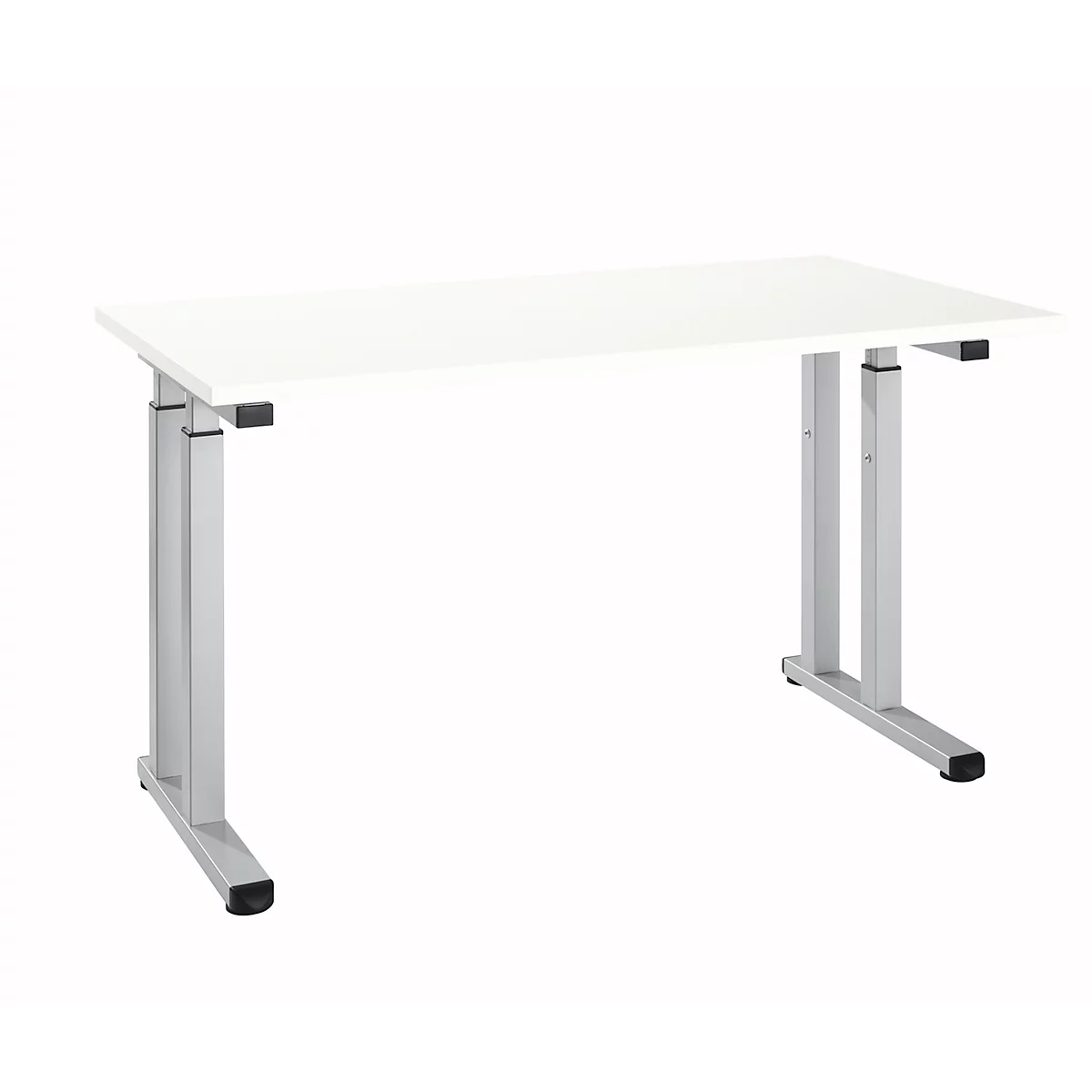 White height-adjustable desk with silver legs isolated on a white background.