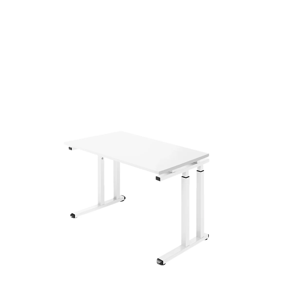 A white height-adjustable desk against a white background. The table has a rectangular tabletop and a white frame.
