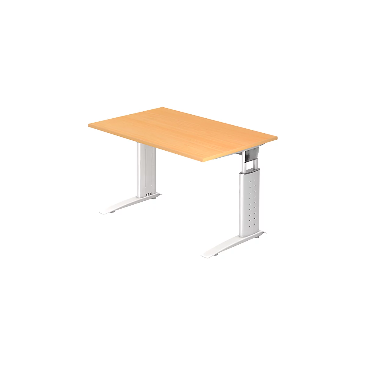 A height-adjustable desk with a light brown tabletop and white frame.