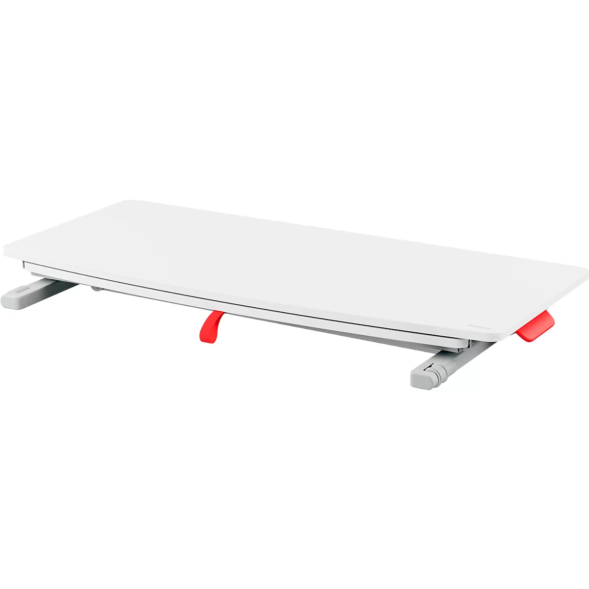 White, rectangular table model with red accents and gray legs. The red accents serve as operating levers.