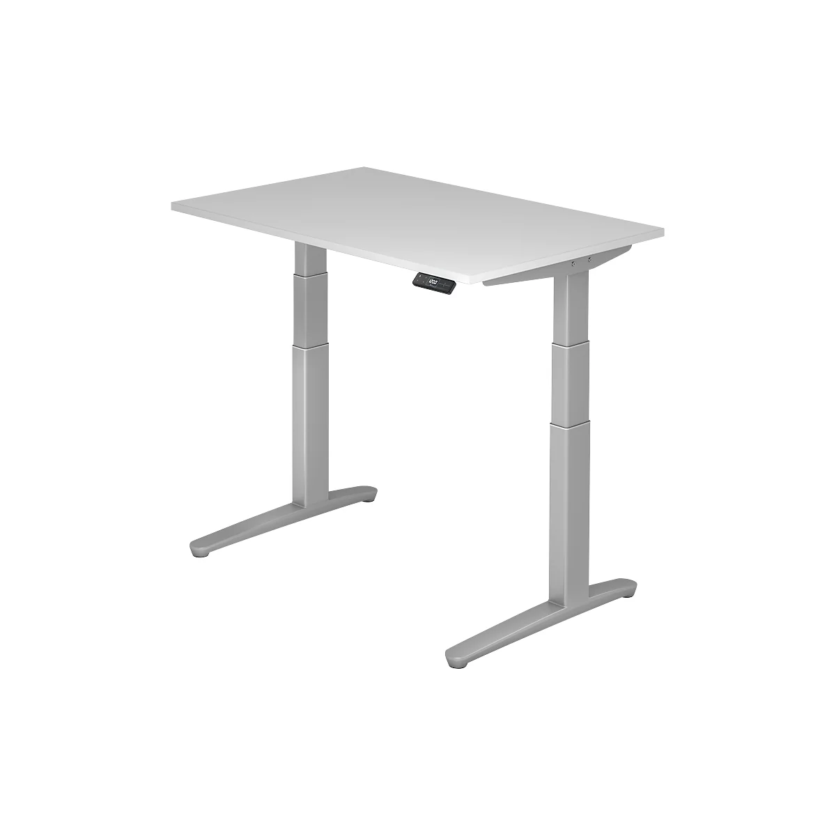 Grey adjustable height desk, photographed from the front. A control panel is visible on the table top.
