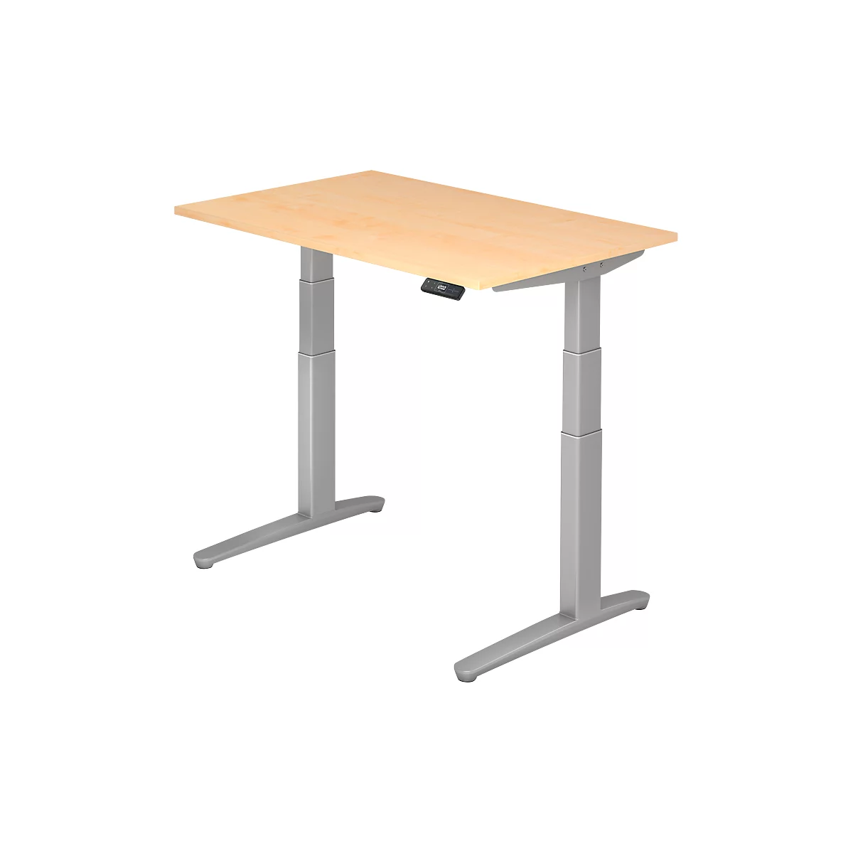 Height adjustable desk. Rectangular wooden tabletop. Gray metal legs. Black control panel under the tabletop.