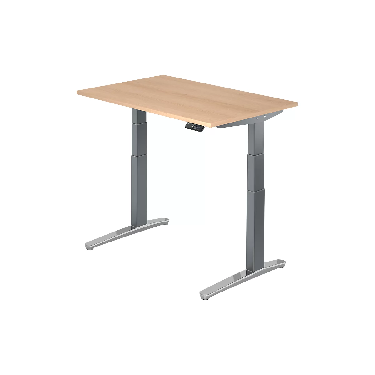 A height-adjustable desk with a light brown tabletop and gray metal legs. The desk has a control unit.