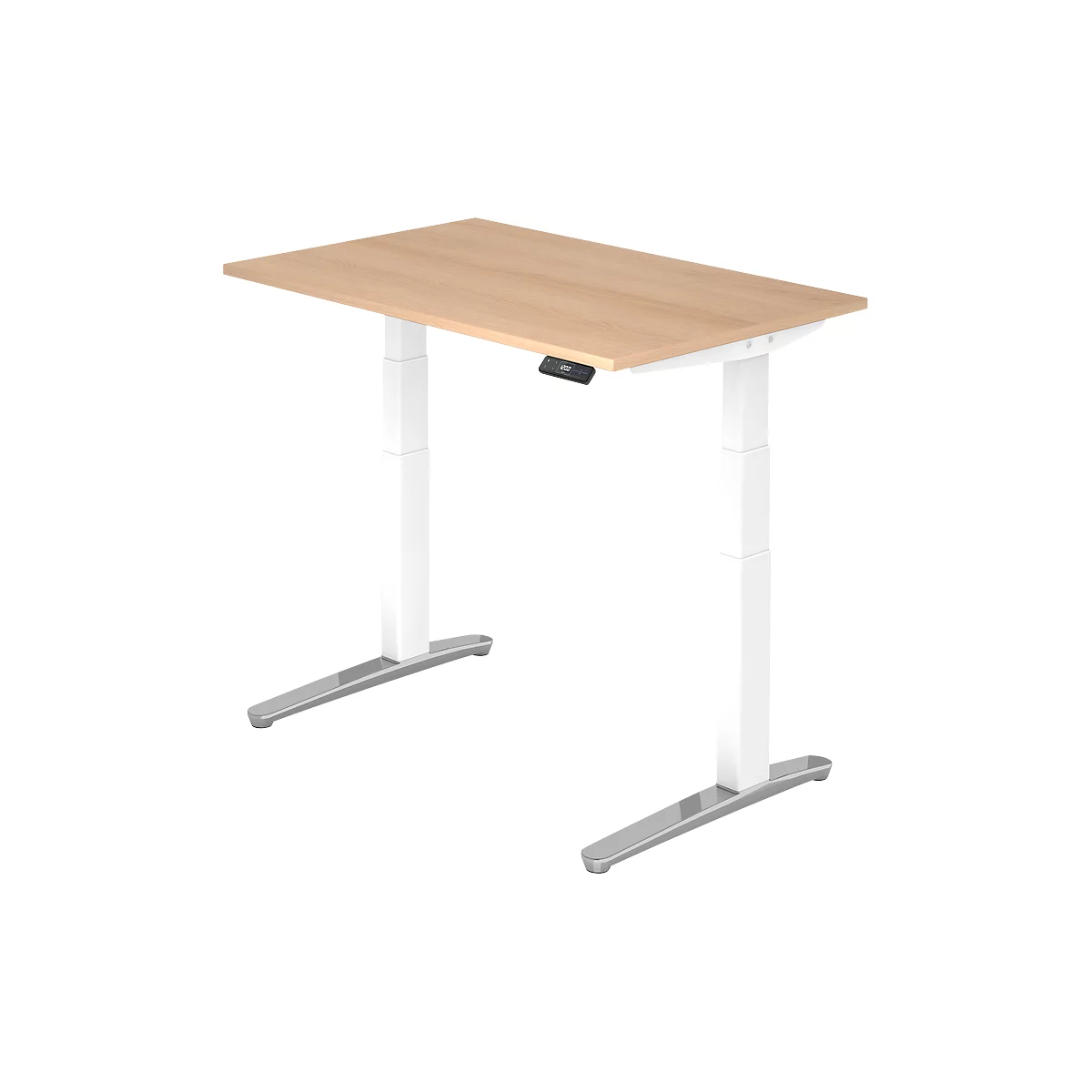 Light brown adjustable height desk with white legs and silver feet. The controls are attached to the tabletop.