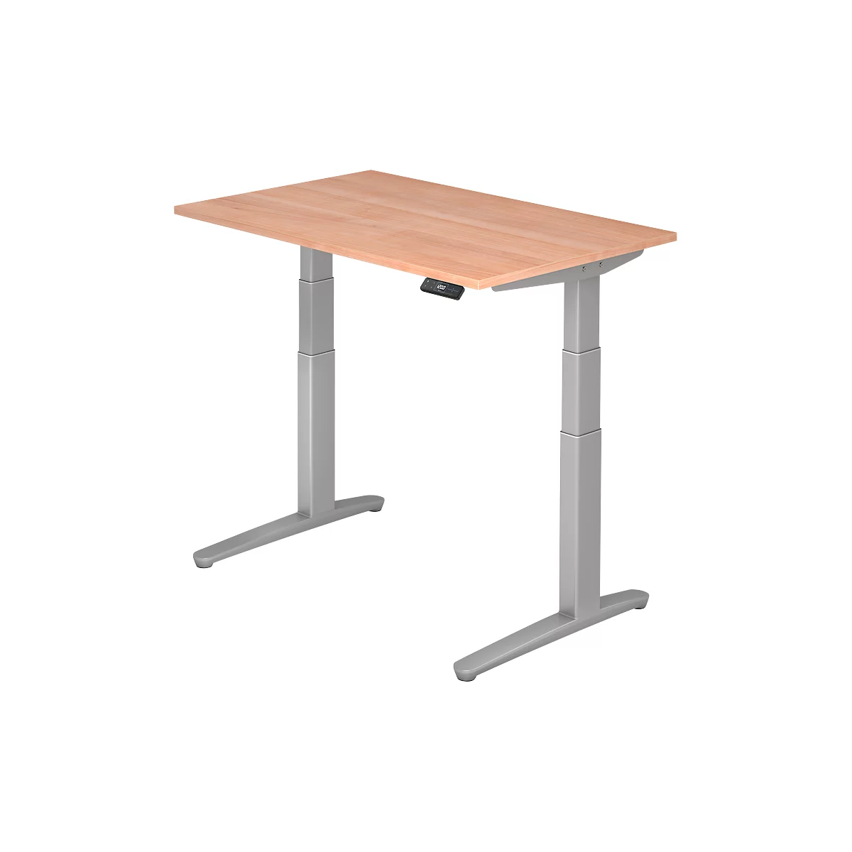 An adjustable height desk with a wooden top and a gray frame. On the tabletop is a black control panel.