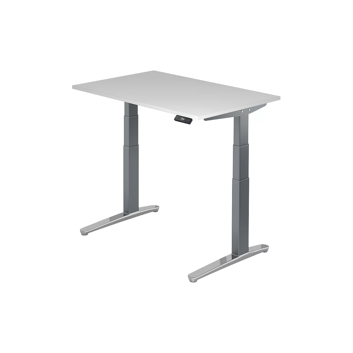 An adjustable-height desk with gray legs and a white tabletop. A small control panel is attached to the tabletop.