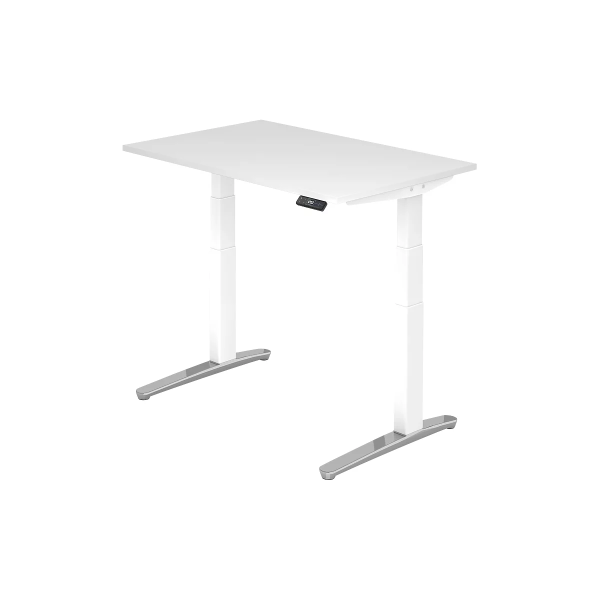 A white, height-adjustable desk against a white background. The control is black.