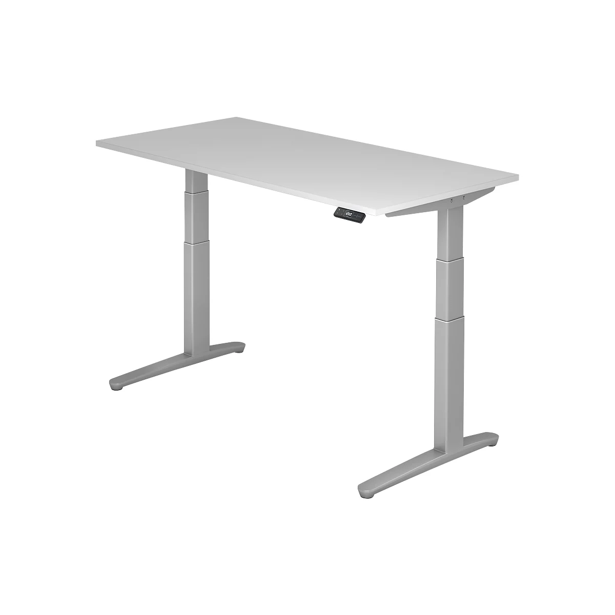 A white, height-adjustable desk with two grey legs. There is a black control panel on the tabletop.