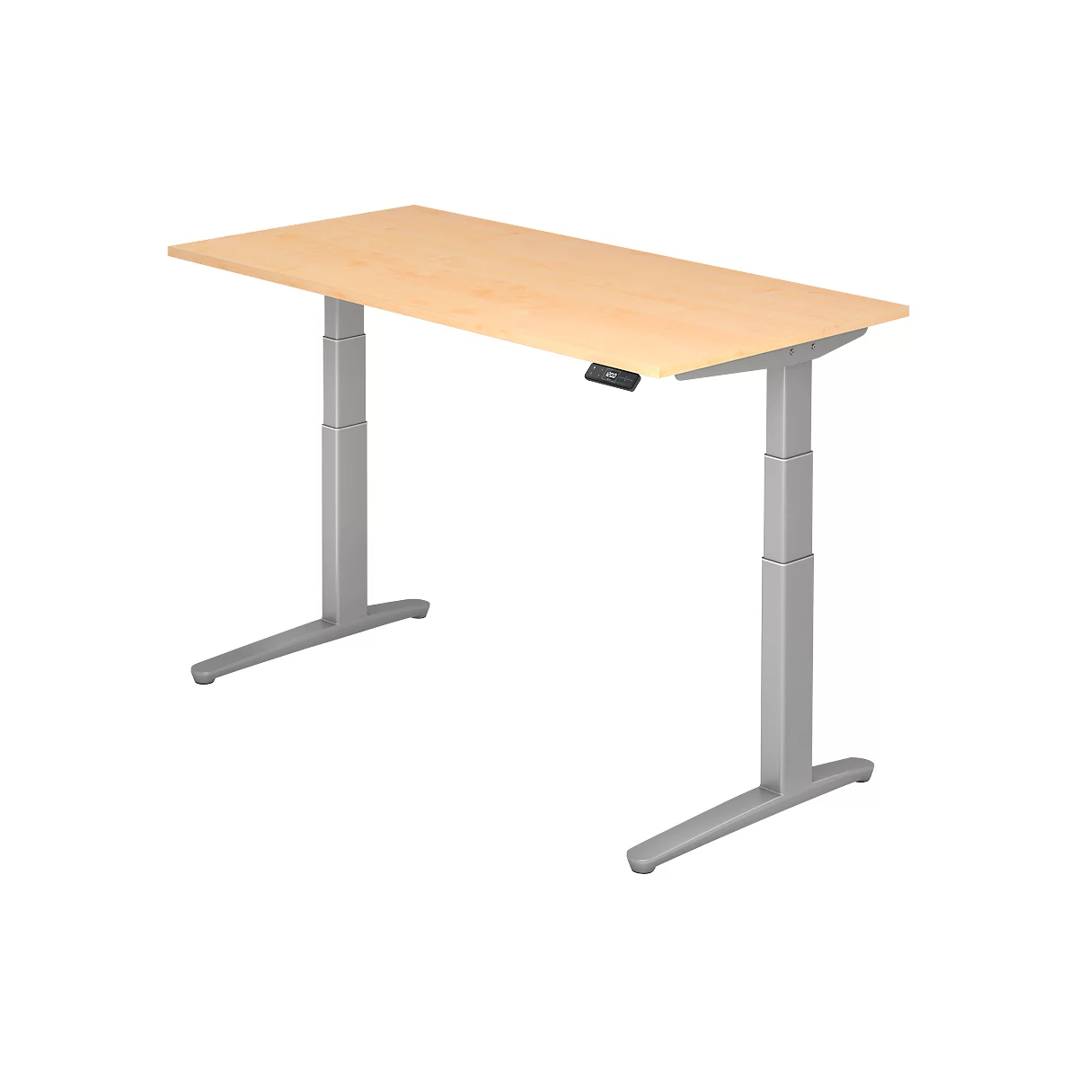 Height-adjustable desk with light brown tabletop and gray legs.