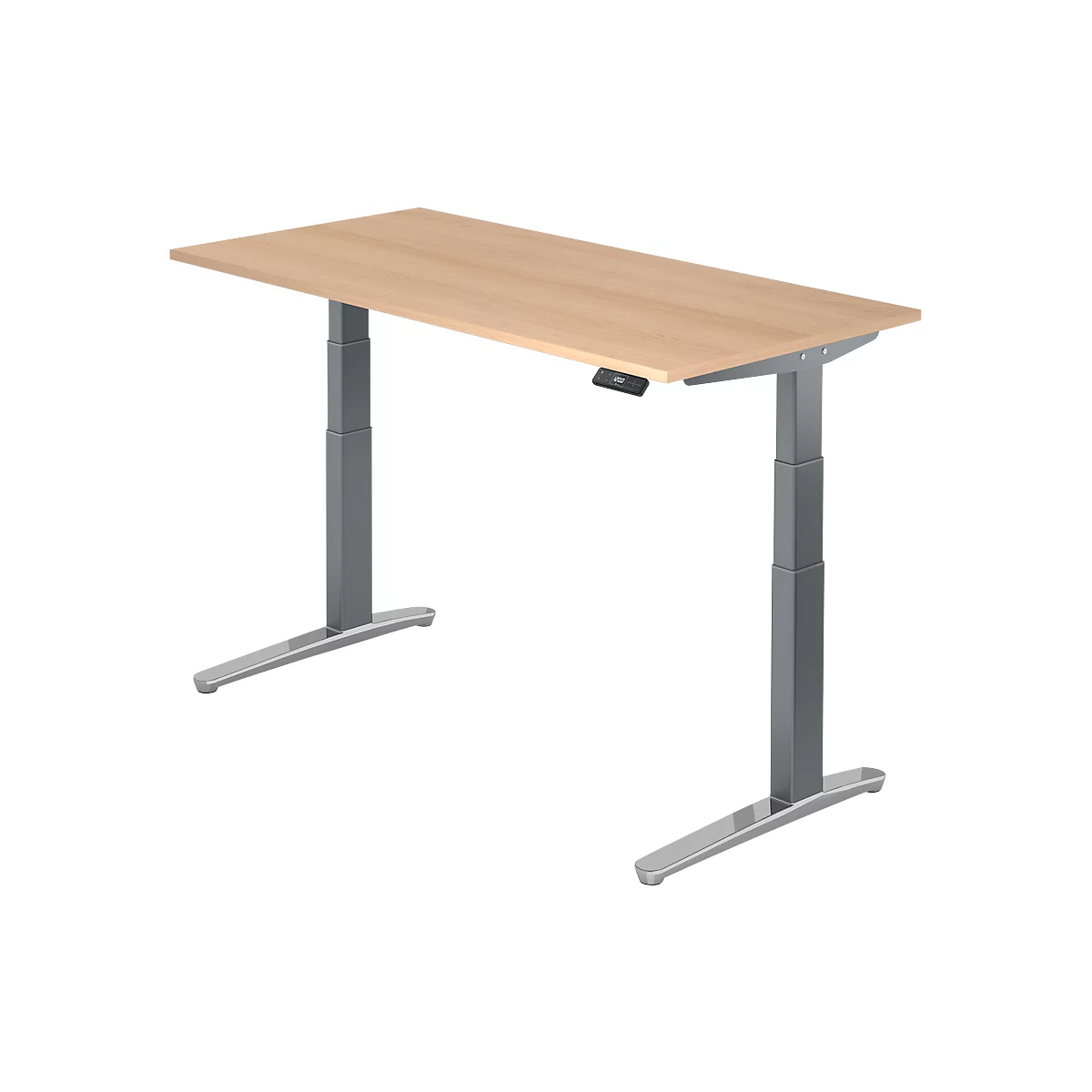 A height-adjustable desk made of light wood with a grey frame. The controls are black.