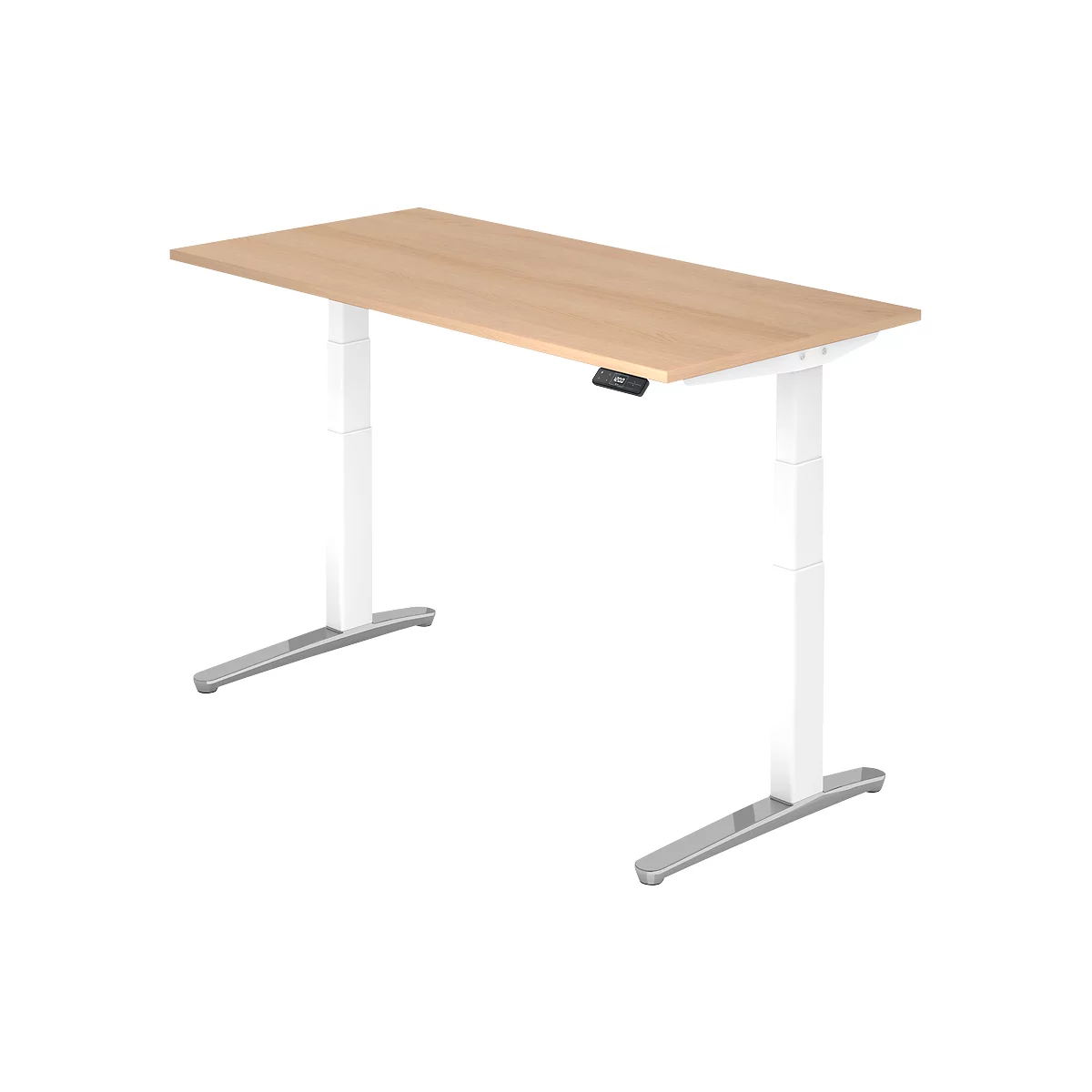 Height-adjustable desk with wooden top and white frame, black control.