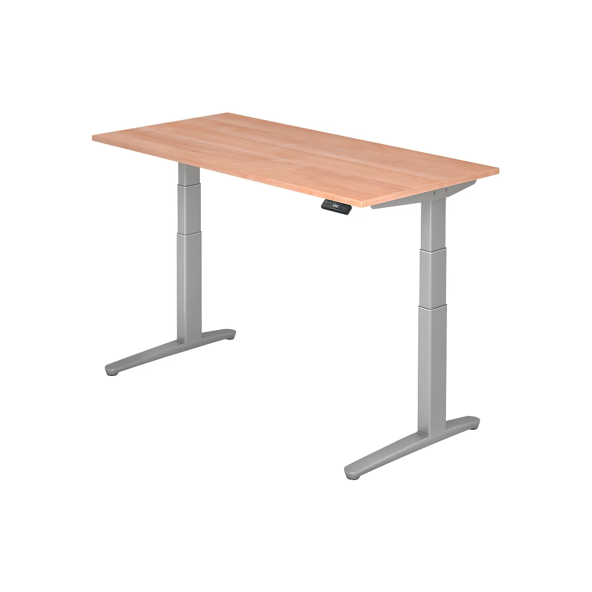 A height-adjustable desk with a wooden top and silver legs. It has a control panel.