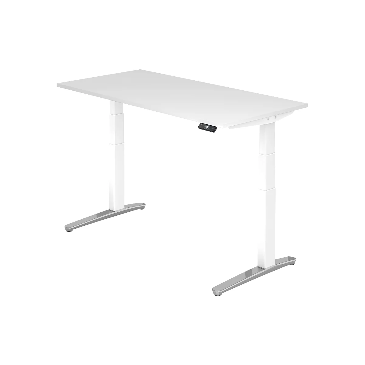 White height-adjustable desk. Gray legs, control panel on the edge of the table.