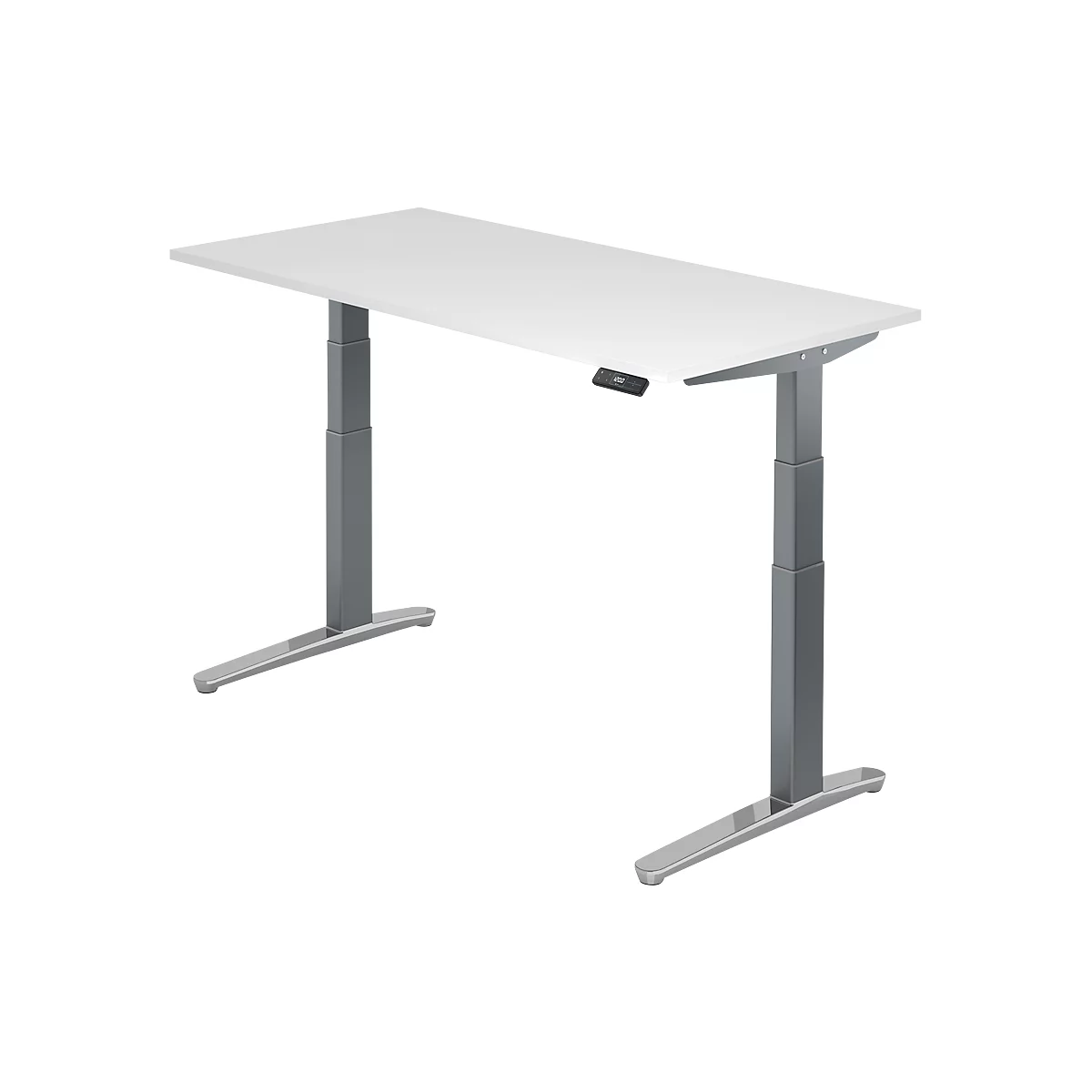 White, height-adjustable desk with gray legs. On the table top is a black control unit.