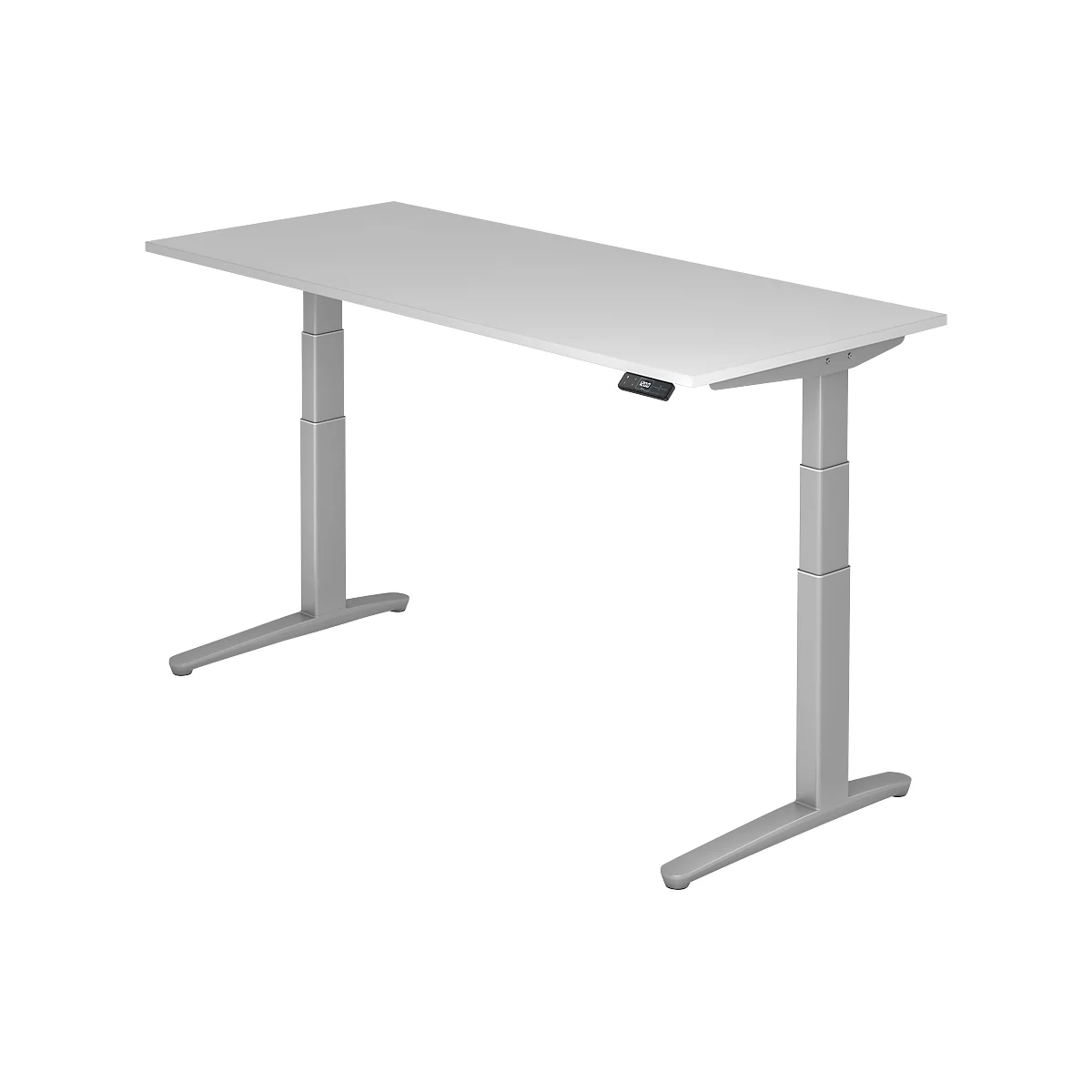A gray height-adjustable desk. The tabletop is light gray, and the legs and frame are silver gray.