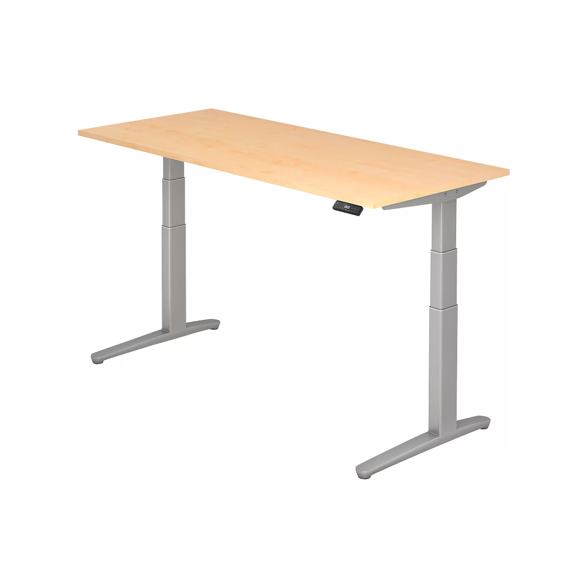 An adjustable height desk with a light wooden top and gray frame.