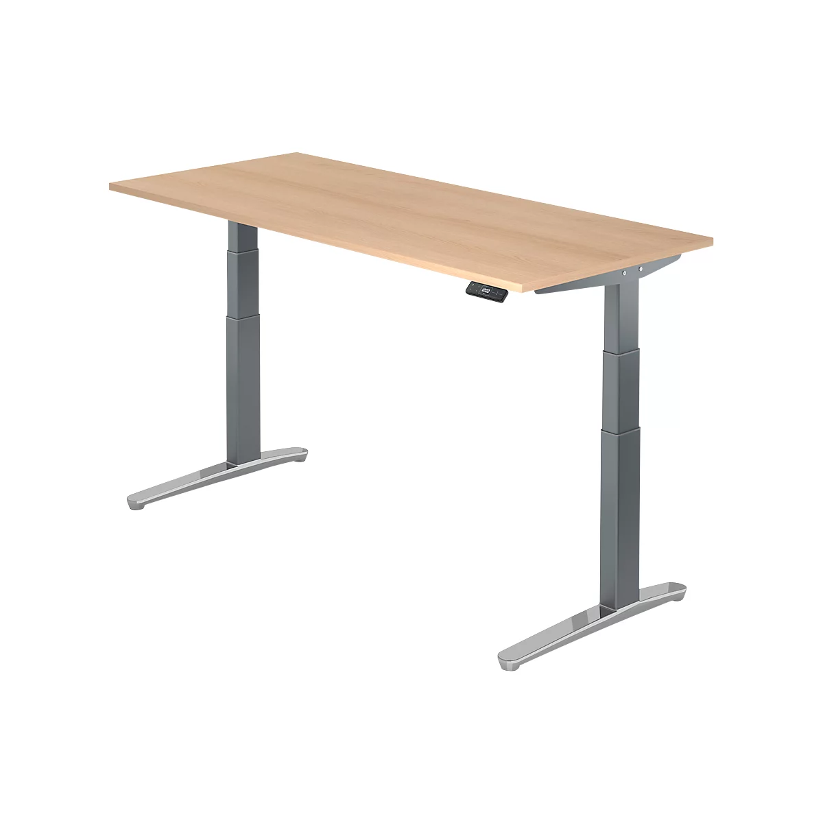 Light brown, rectangular desk with grey height-adjustable legs. On the right side is a black control panel.