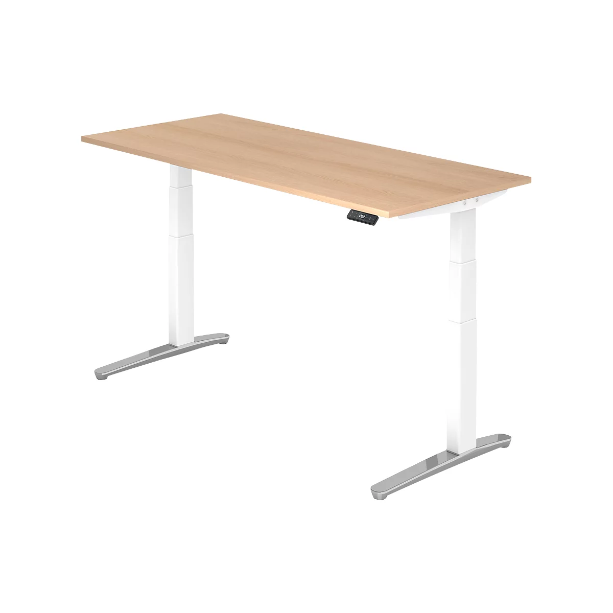 A height-adjustable desk with a light wood top and white legs. The control is black.