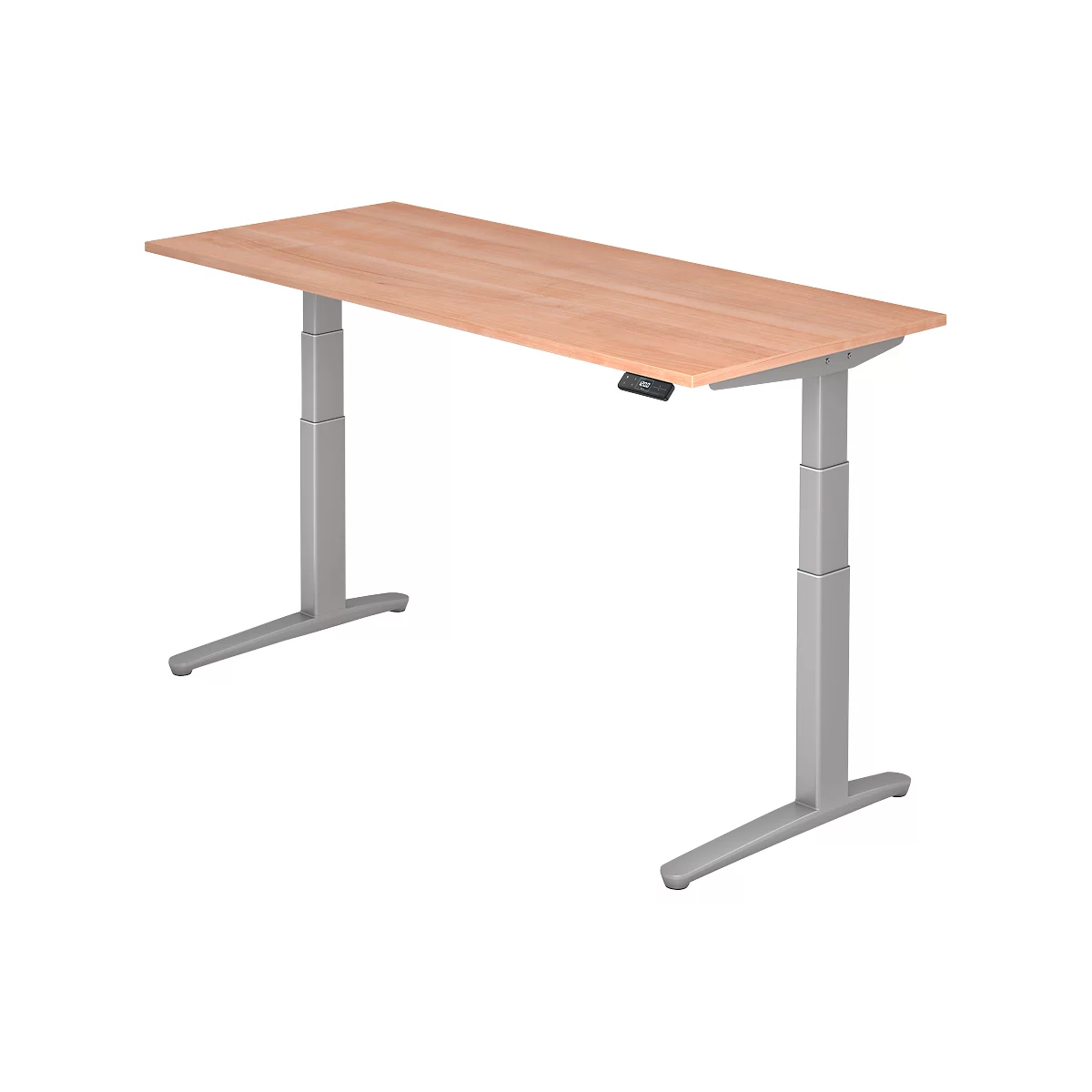Height-adjustable desk with wooden top. The gray legs are T-shaped.