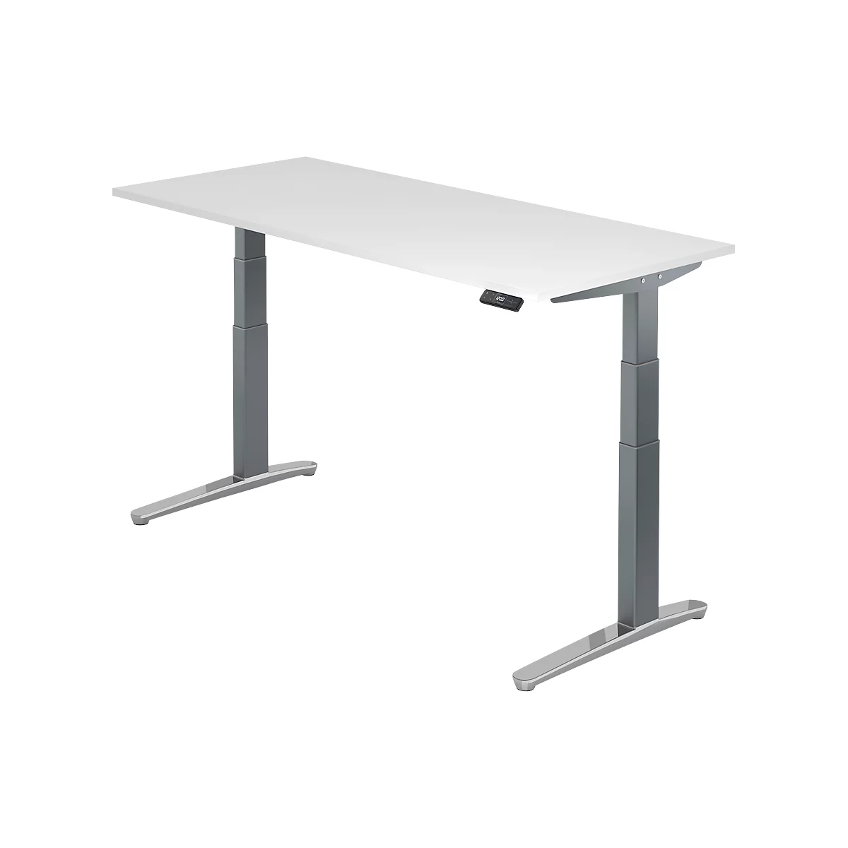 A height-adjustable desk with a white tabletop and grey legs. There is a control panel on the edge of the table.