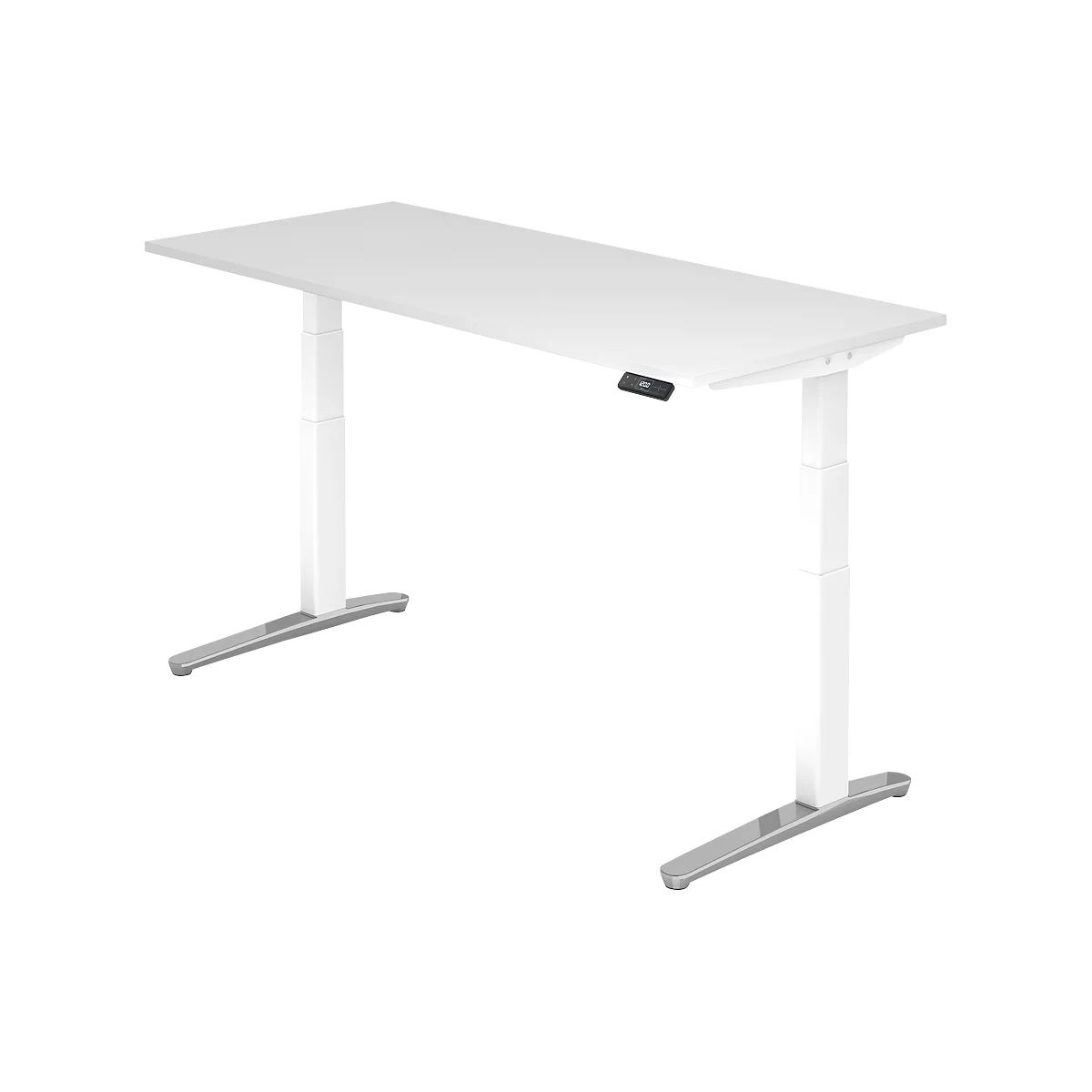 White, height-adjustable desk with silver feet. There is a black control panel on the edge of the desk.