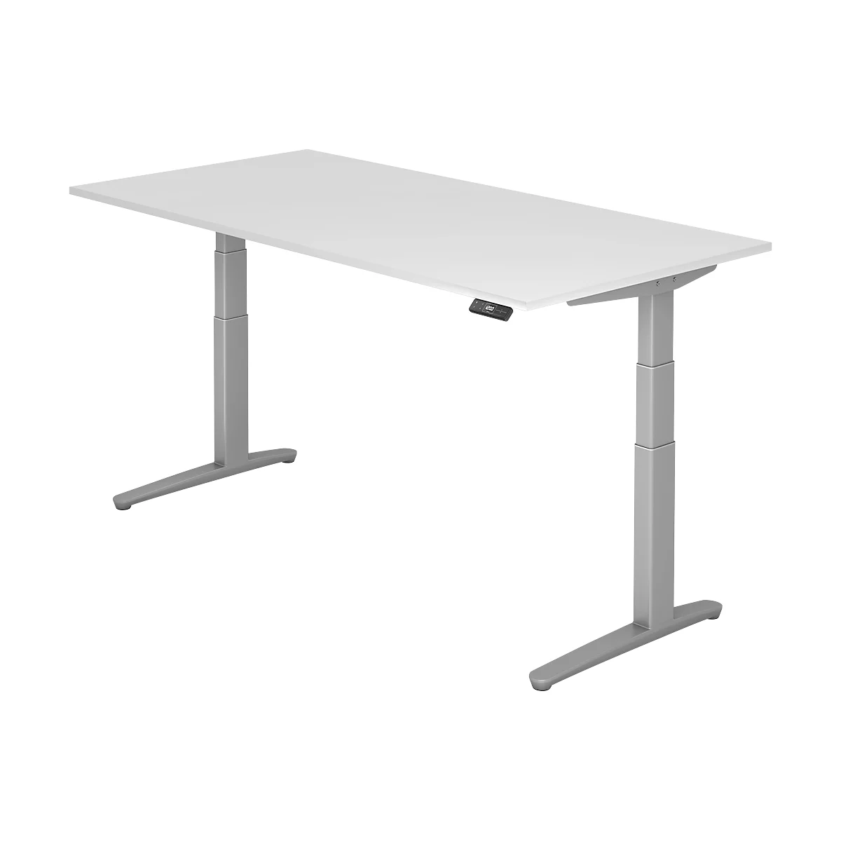 White height-adjustable desk with gray legs and control panel.