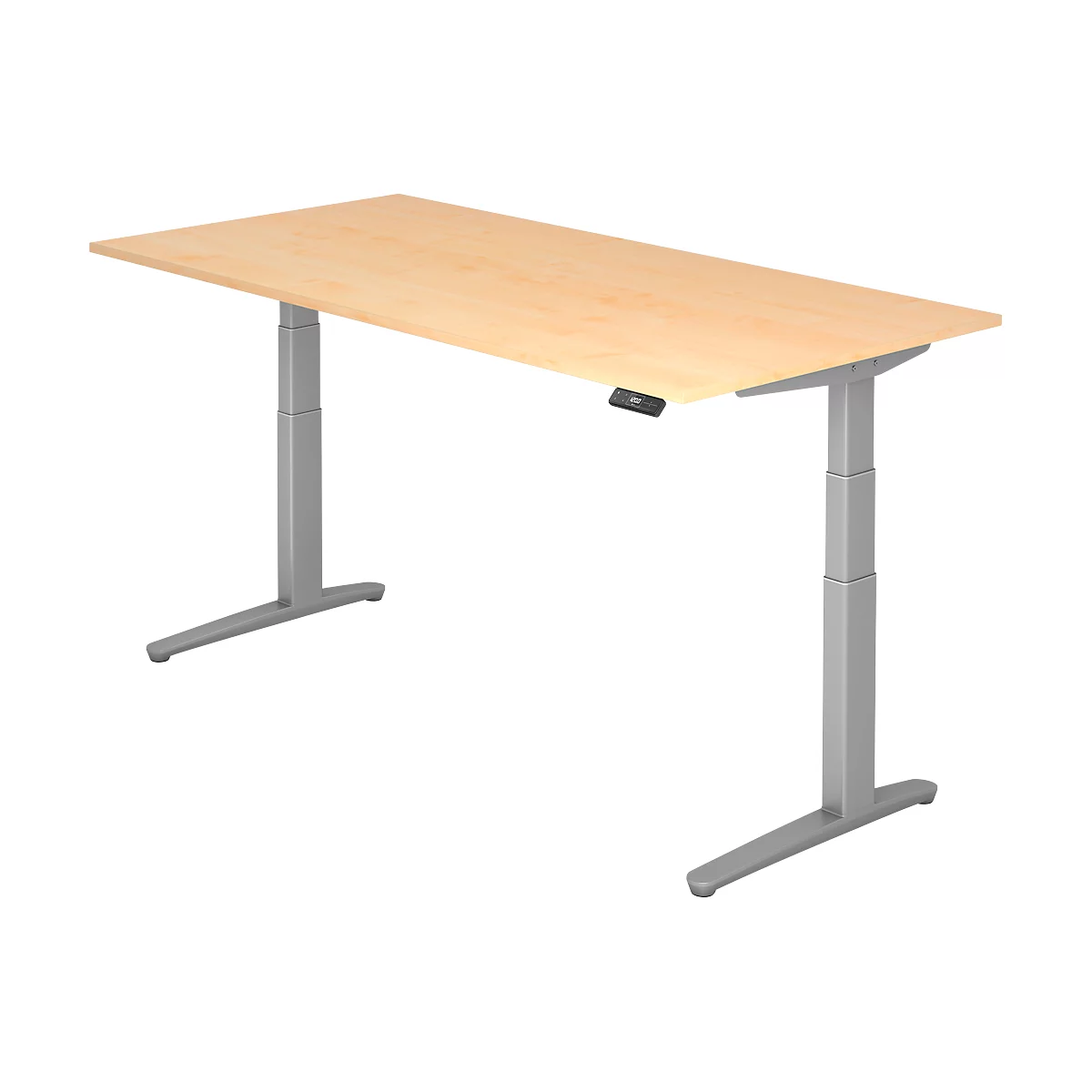 Light brown rectangular desk with height-adjustable gray legs. A control panel is on the edge.