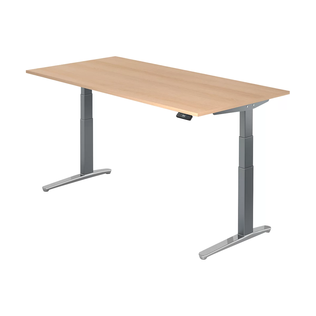 Height-adjustable desk with light wood top and gray legs. Features black control panel.