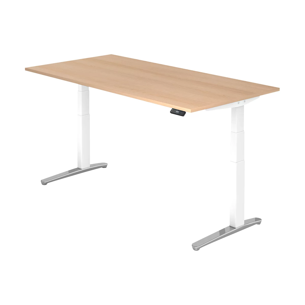 A height-adjustable desk with a light brown tabletop and white frame. Black control panel.