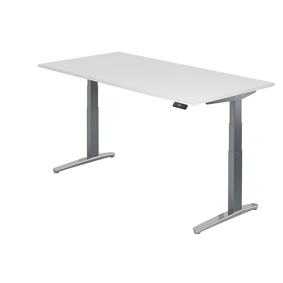 A white height-adjustable desk. Grey legs, control on the edge of the desk.