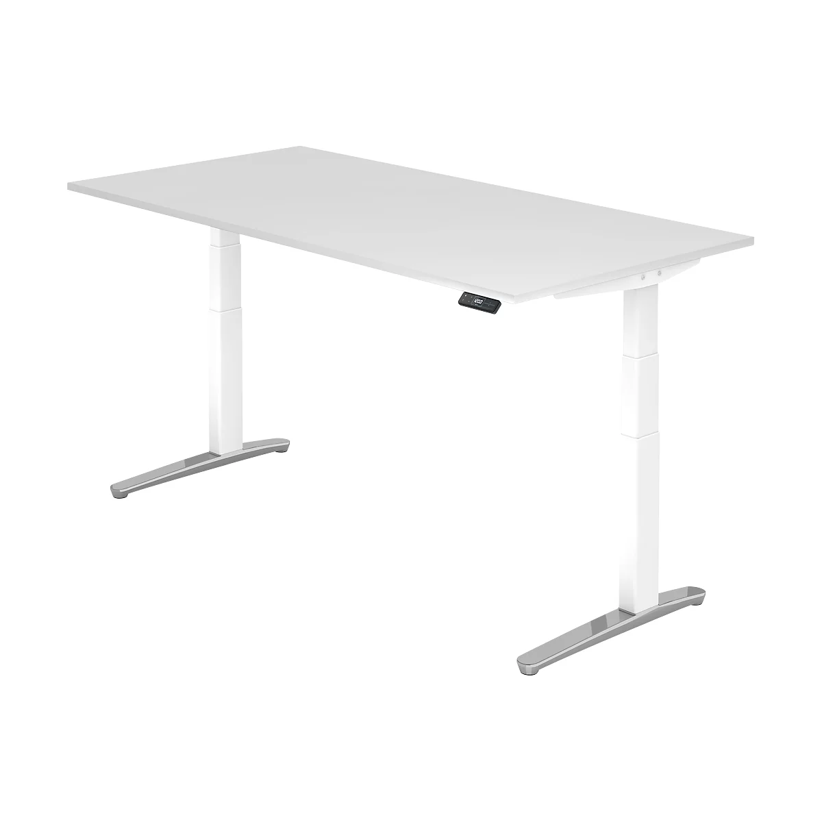 White height-adjustable desk with straight tabletop. It has gray feet and a black control.