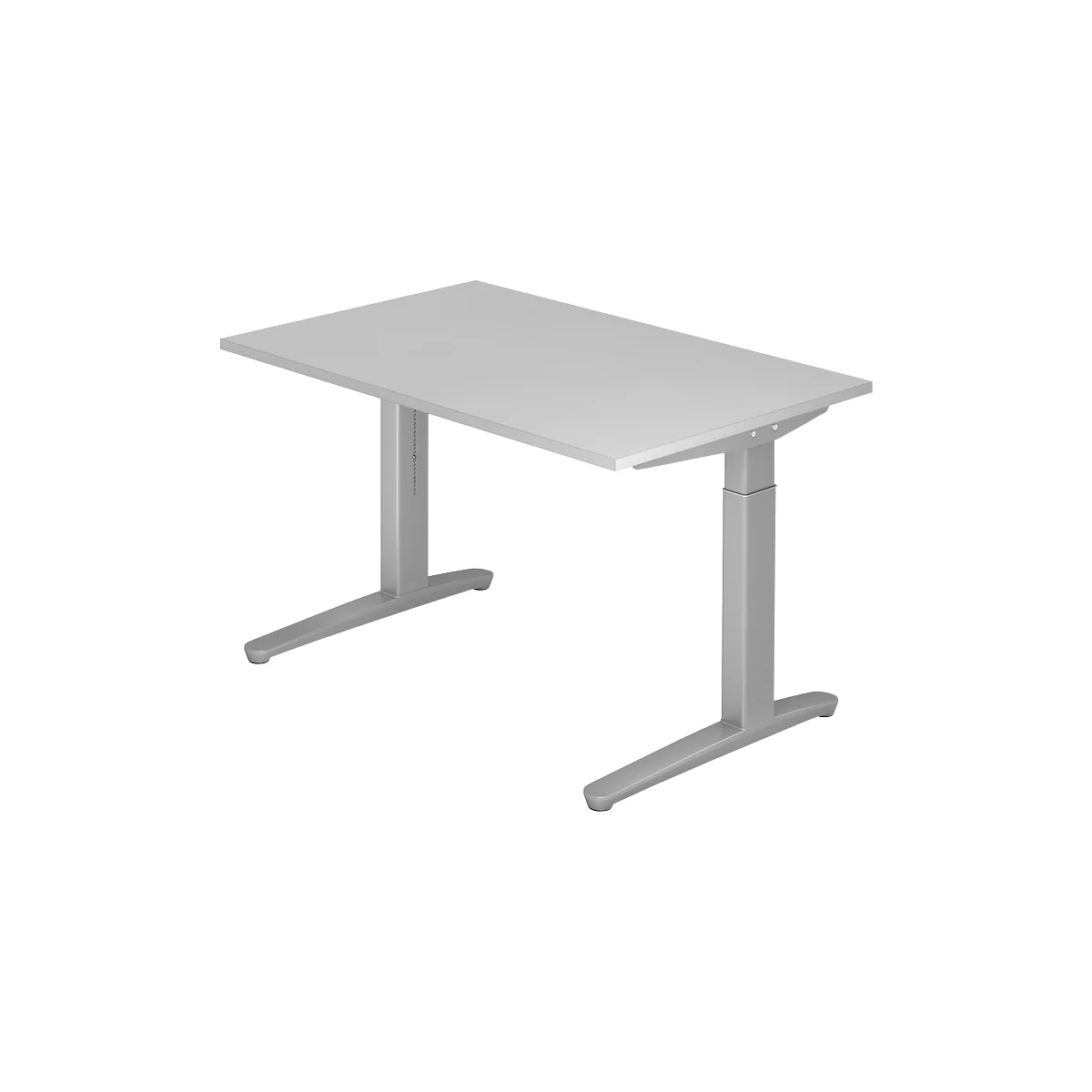 Grey, height-adjustable desk with a rectangular table top and two T-shaped legs. The legs are silver.