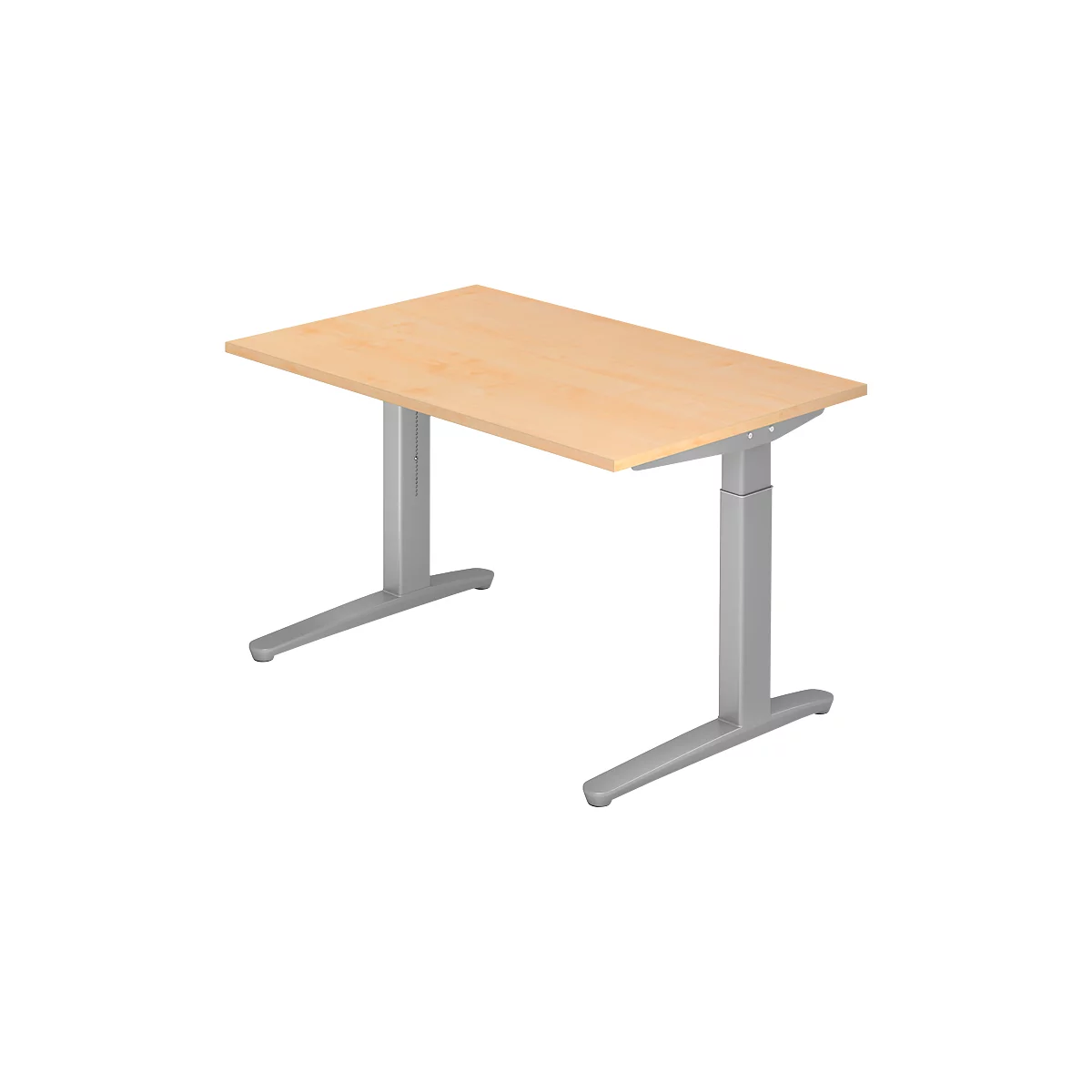 A height-adjustable desk with a light brown tabletop and gray metal legs. The right side of the table is slightly elevated.