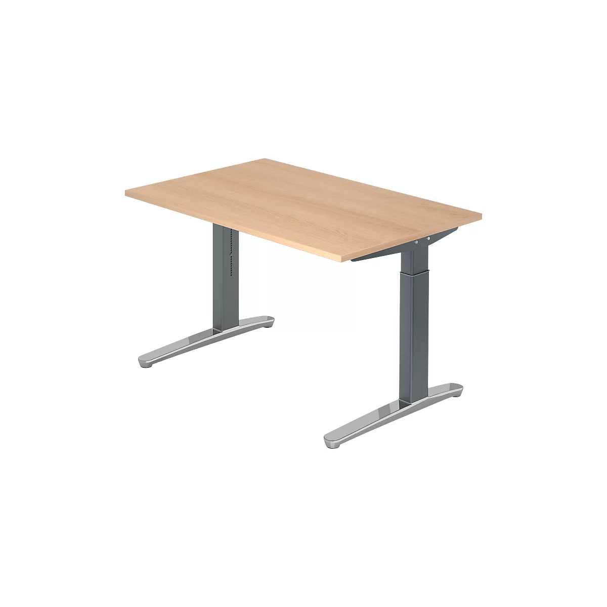 An adjustable height wooden desk with two gray feet.