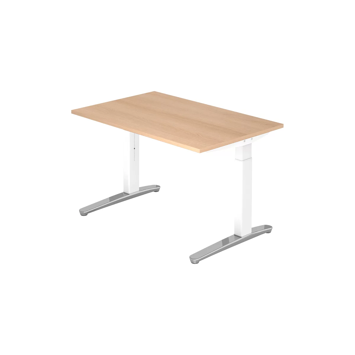 A beige desk, with white legs and a metal frame. The table is photographed from above.