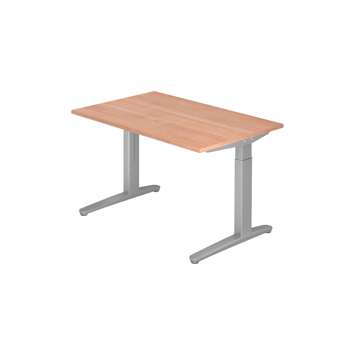 A rectangular, height-adjustable desk made of light wood, with silver legs.