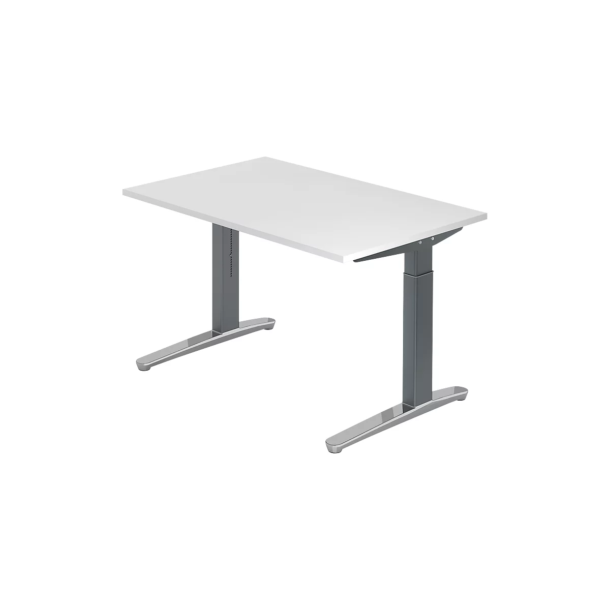 A white height-adjustable desk. Grey legs and frame, light tabletop.