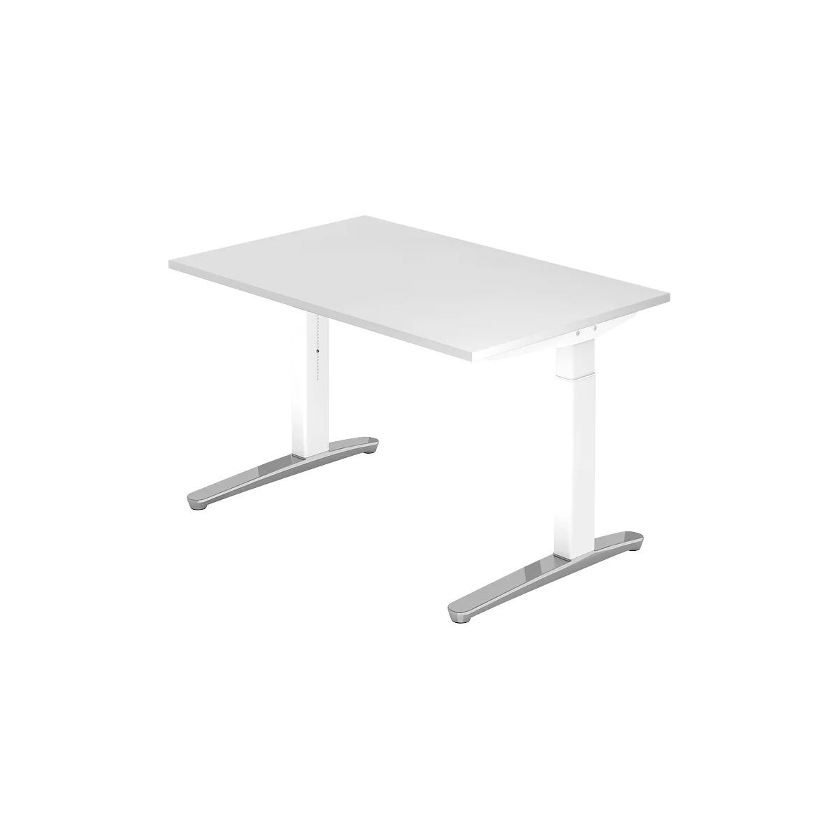 White adjustable height desk. The tabletop is rectangular and is supported by two white columns standing on silver-gray feet.