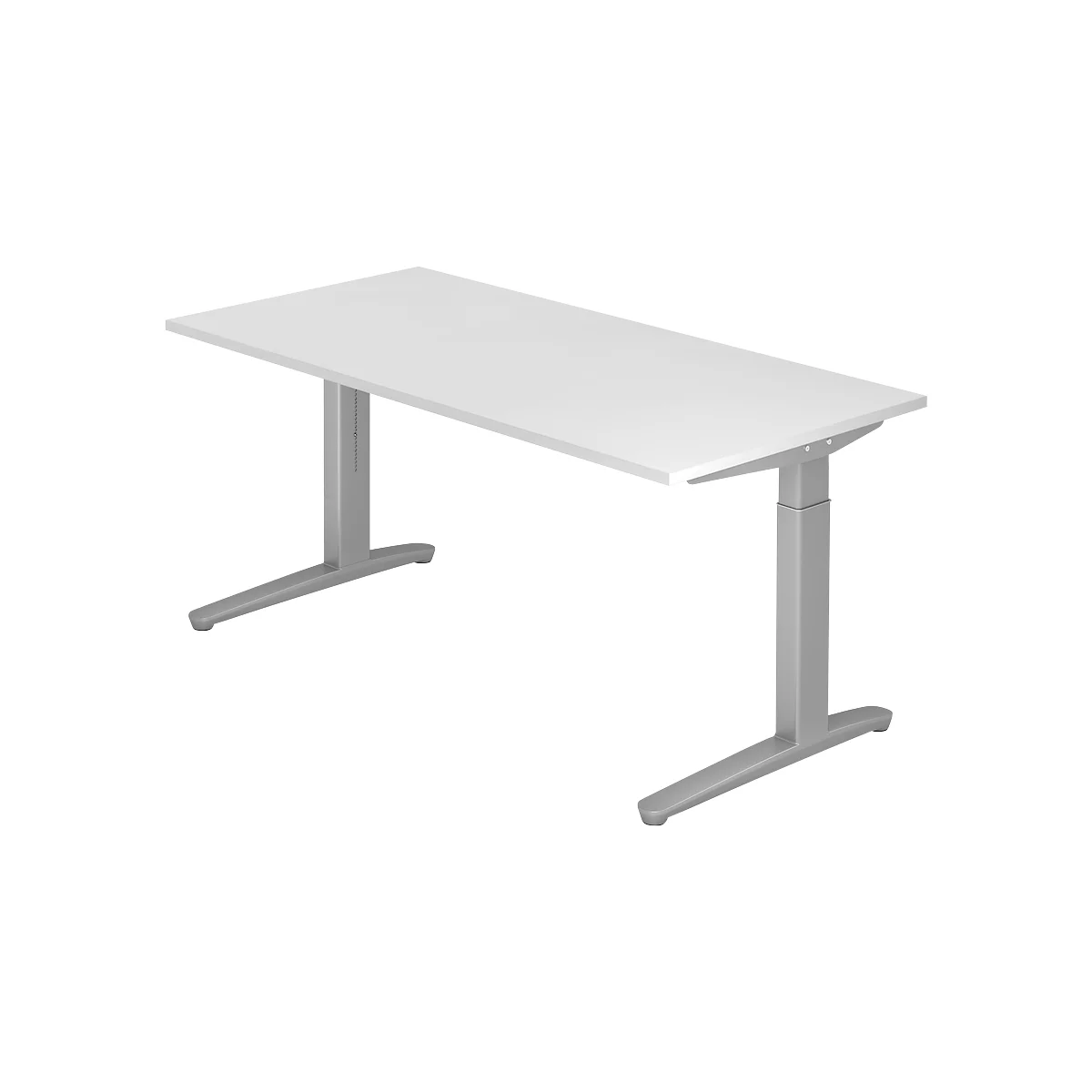 A white, rectangular desk with gray, height-adjustable legs. On a white background.