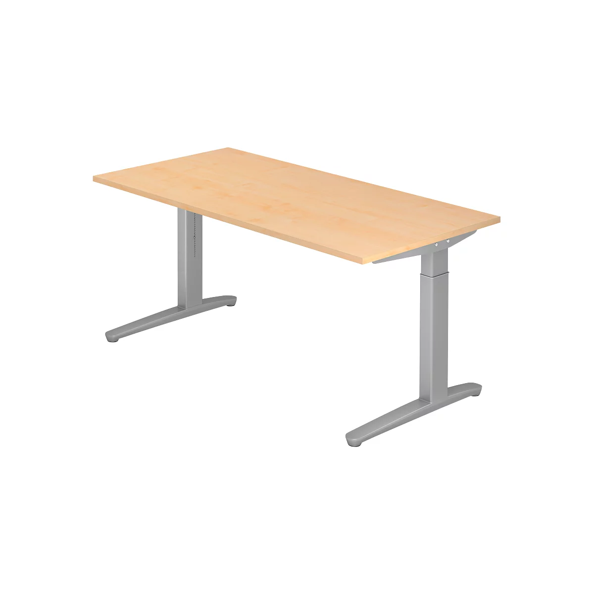 A height-adjustable desk with a light brown tabletop and gray metal legs, set against a white background.