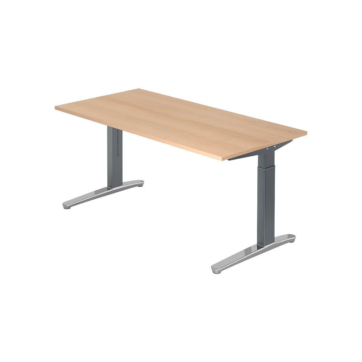 A light-colored rectangular desk with gray legs. The table is set against a neutral background.